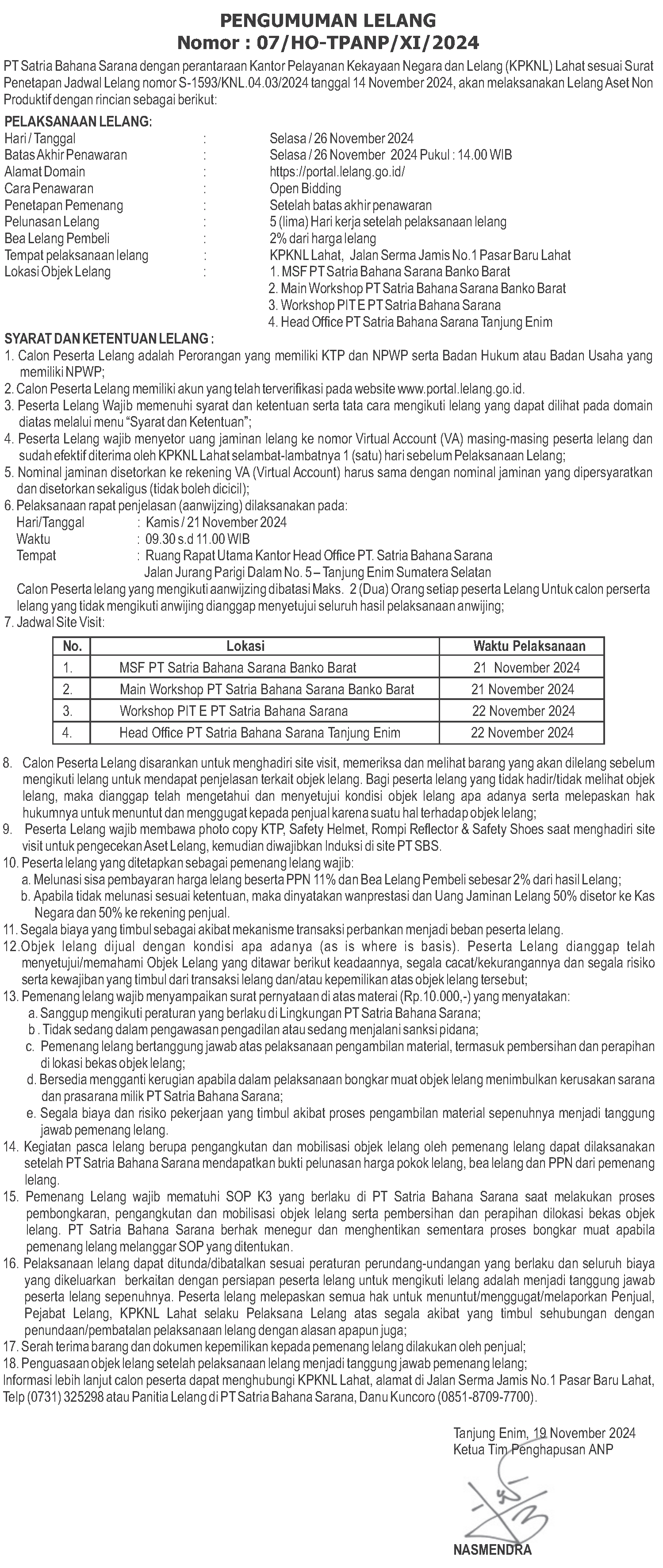 PENGUMUMAN LELANG PT SATRIA BAHANA SARANA SBS 1